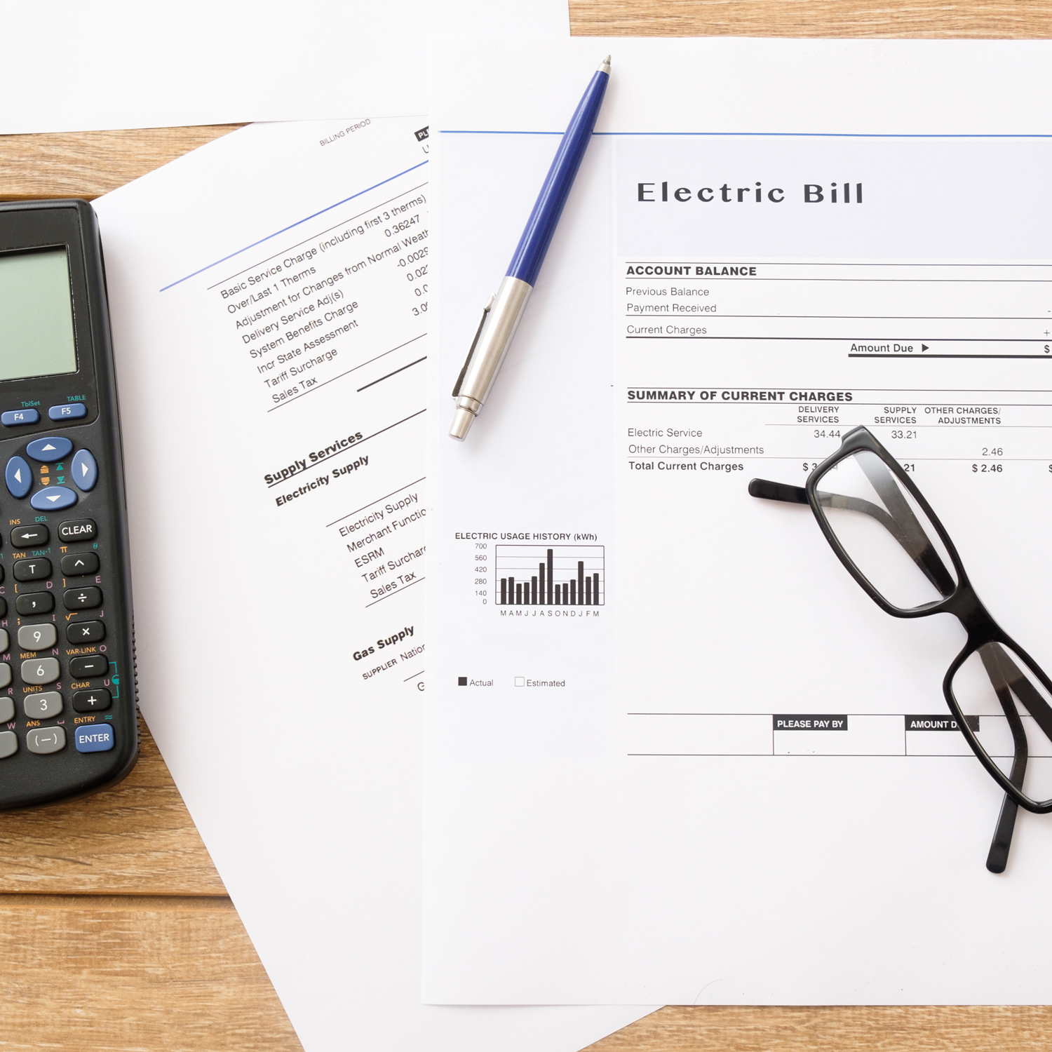 Utility bills on a table