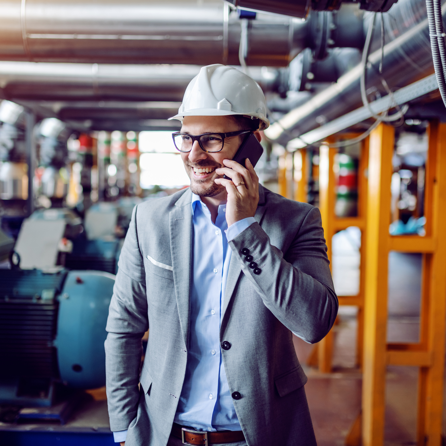 Man wearing a helmet in a warehouse